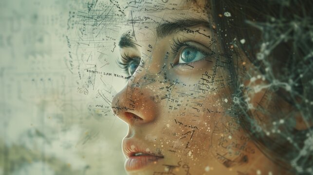 A close-up of a person's face, deep in thought, with mathematical equations and formulas floating around them, representing the process of finding a mathematical solution.