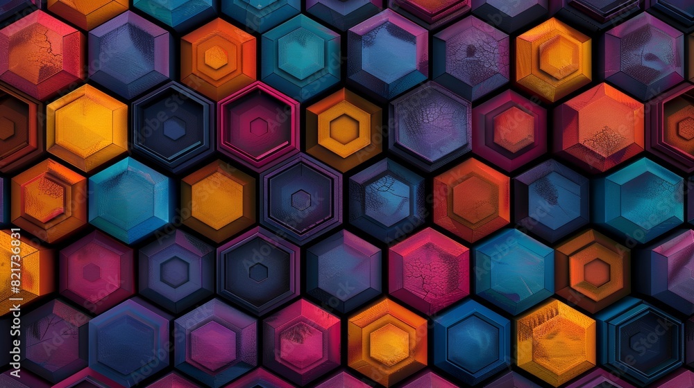 Poster a seamless geometric pattern of interlocking hexagons in vibrant colors, creating a visually appeali