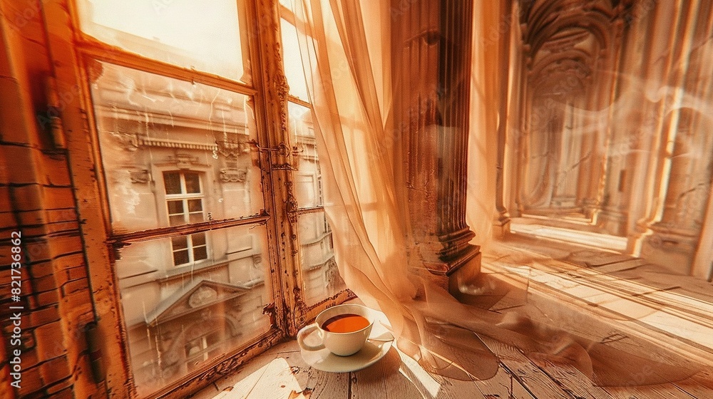 Poster a cup of coffee sits on a saucer in front of a window view of a building