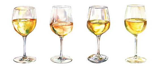 Set of watercolor glass glasses with white dry wine. White wine in a glass. Vector artistic watercolor illustration © Narin