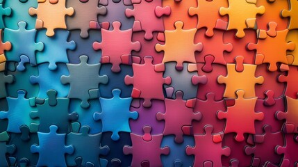 An overhead view of interlocking puzzle pieces in a gradient color scheme, arranged to form a cohesive and eye-catching design.