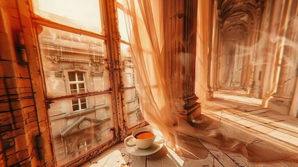   A cup of coffee sits on a saucer in front of a window view of a building