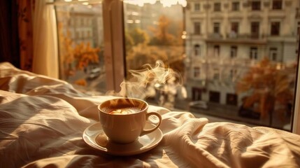   A coffee cup rests atop a saucer, positioned beside a cityscape outside a window