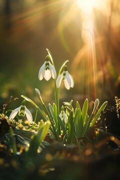 Fototapeta Sunlit snowdrops blooming in a spring meadow