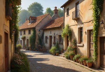 A serene village street scene