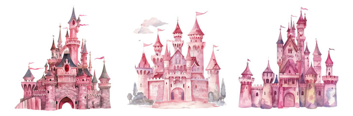 Watercolor set of fairy castle princesses. Magic kingdom. Wonderland. Isolated cartoon illustration on transparent background. Set of houses. Children's theme. Vector. © Narin