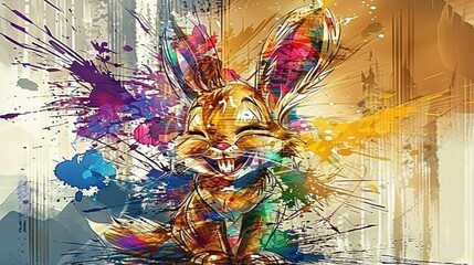   Digital painting of a rabbit with splattered paint on its body and vibrant splash on the background