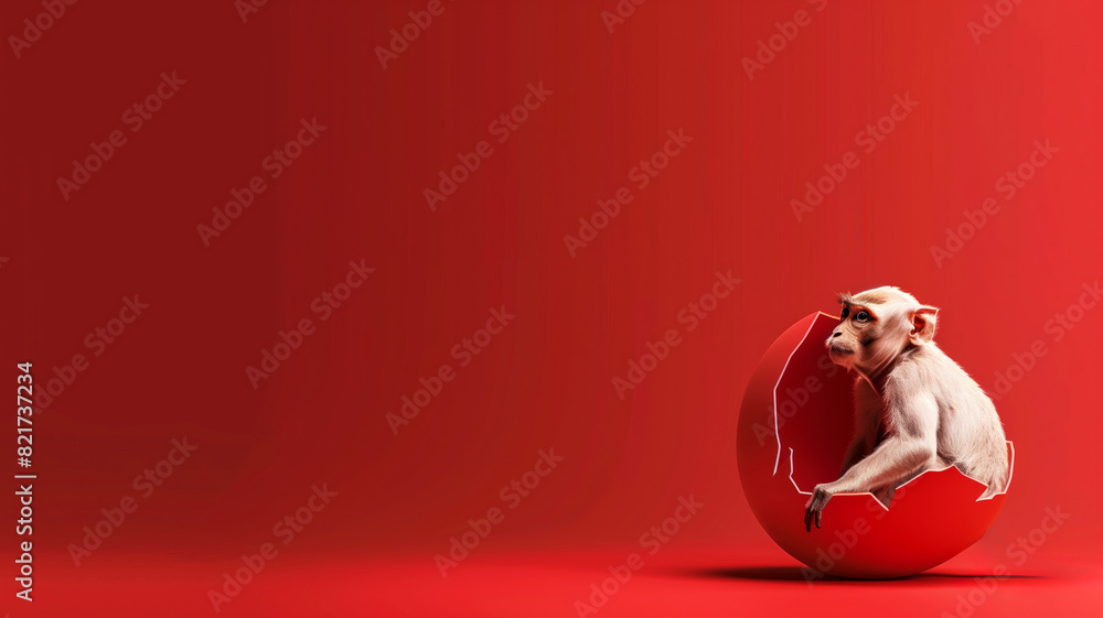 Poster a monkey is sitting in a red ball. the monkey is looking at the camera. the red background creates a