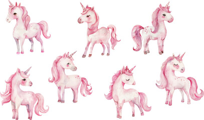 Big set of little baby unicorns png. Cute little unicorns on isolated background. Elements for girls' designs. Vector illustration