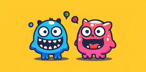 Two cartoon monsters are smiling and talking to each other. The blue monster is smiling and the pink monster is smiling. Playful character motif for your t-shirt project