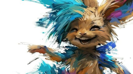   A digital painting depicting a furry creature with vibrant blue, orange, and pink feathers adorning its back legs