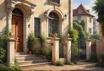 Detailed, Colorful Digital Art of a European-Style House with Ornate Architectural Elements