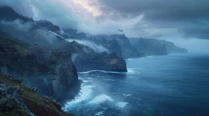 Dramatic coastal landscape with rugged cliffs and misty ocean waves at sunset, capturing the untamed beauty of nature. Generative Ai - Powered by Adobe