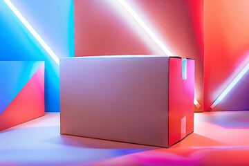 Contemporary packaging promotion showcasing a cardboard box, background of geometric shapes