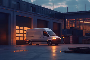 High-end delivery service ad depicting a stylish delivery van in front of a modern warehouse, with sleek architecture