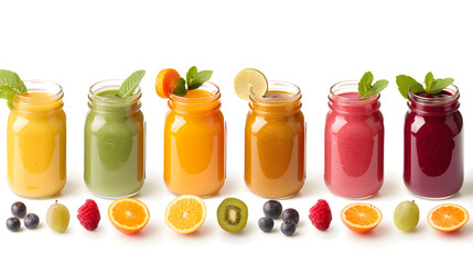 Colorful assortment of fresh fruit smoothies in jars