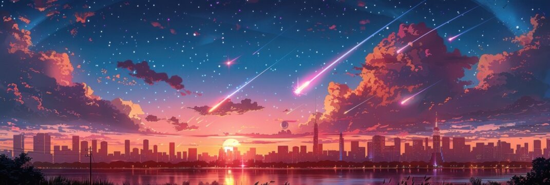 anime aesthetic background, city skyline, pink and blue sky with clouds, light purple sky.