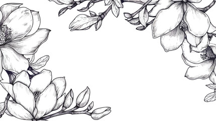 Flowers magnolia black lines floral frame border for