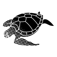 Sea turtle black hand drawn icon in halftone texture style