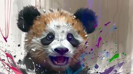   A panda bear with splatters on its face and an opened mouth in a painting