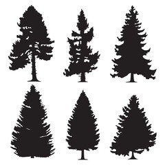 Collection of flat pine tree logo designs, black vector illustrations on white background