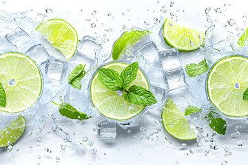 Fresh lime slices with ice and mint in water splash