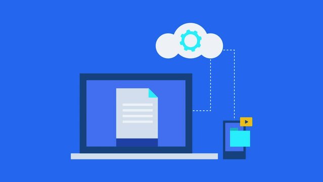 Cloud document management, online file storage access from digital devices computing technology, data processing concept video animation.