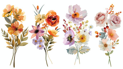 Four bouquets watercolor flowers floral illustration