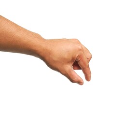 A man's hand Pretend to hold a coin in your hand. And I'm about to put a coin into something. Isolated on white background. business idea.