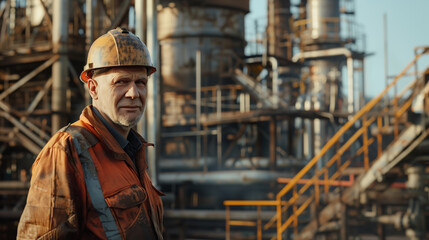 Fototapeta premium An elderly tired man in a construction helmet stands against the background of a large industrial petrochemical plant
