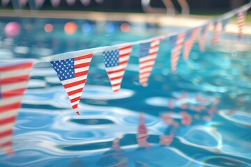 A backyard pool decorated with American flag bunting for a festive celebration. The pool area is complemented by lawn chairs and a gazebo, set against a backdrop of lush greenery.