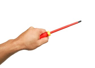 A man's hand holds a yellow and red tool called a screwdriver for use in general mechanical,...