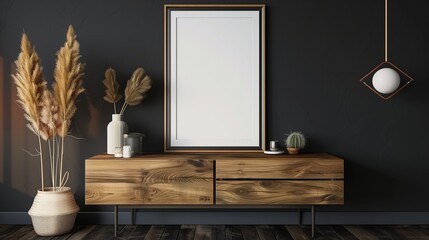 Mockup frame on wood cabinet in living room interior on empty dark wall background.3D rendering
