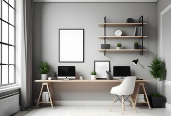 A Stylish office interior with workplace, PC, and window bookshelf. Mock up in wall.3D rendering