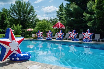 A swimming pool decked out with oversized inflatable stars and umbrellas in red, white, and blue, celebrating American patriotism.