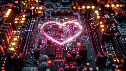 Obraz premium A captivating close-up of a circuit board with a glowing heart-shaped pattern, blending technology and emotions in a surreal and symbolic digital artwork.