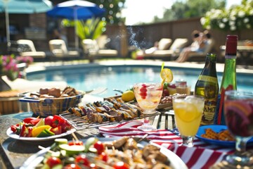 A lavish poolside buffet table filled with a variety of festive foods, drinks, and decorations, showcasing a vibrant summer party atmosphere.