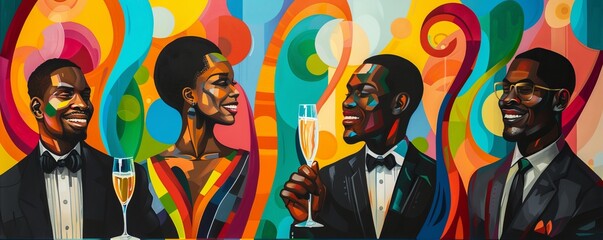 Group of black business people in an upscale bar, celebrating success with champagne