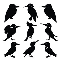 Set of Kingfisher animal black Silhouette Vector on a white background