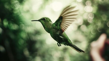 Fototapeta premium A hummingbird flies through the air with its wings wide open, surrounded by trees