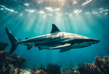 Fototapeta premium Close-up with a shark swimming underwater