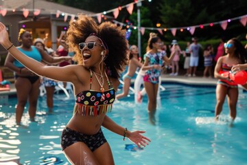 Energetic poolside dance-off featuring a young Black woman celebrating with friends, all enjoying a summer pool party. 4th of July, american independence day, memorial day concept