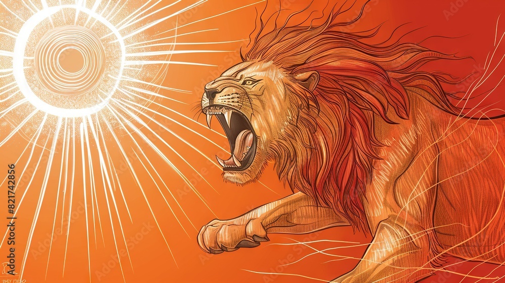 Wall mural   A drawing of a lion with an opened mouth and a wide-open mouth against the sun