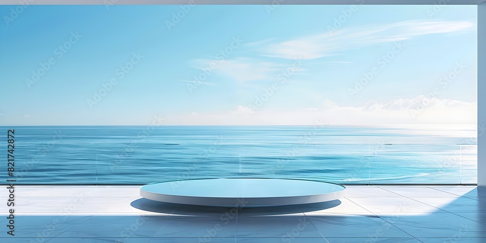 Poster minimalist glass table with serene ocean view background for product display
