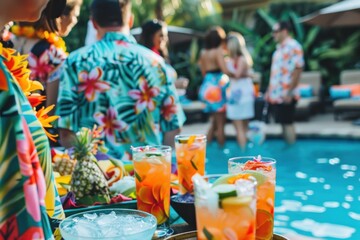 Vibrant poolside luau with guests in Hawaiian shirts enjoying colorful tropical drinks. 4th of July, american independence day, memorial day concept