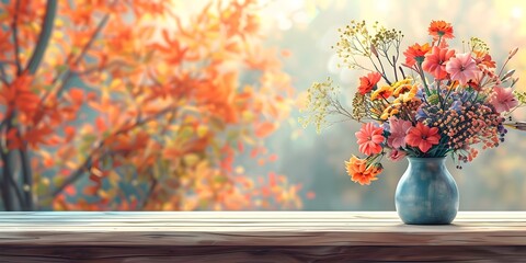 Cozy Wooden Table with Vibrant Autumn Floral Arrangement for Product Display