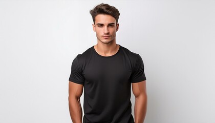 Classic Look: Young Man in Black T-Shirt with Clean White Backdrop