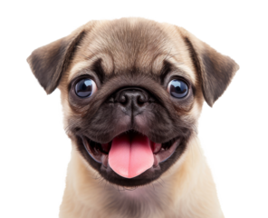 Pug puppy close up looking at camera isolated on the transparent background