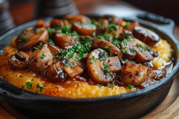 Fototapeta premium Polenta: Creamy polenta served with a rich meat or mushroom sauce, garnished with fresh herbs. 