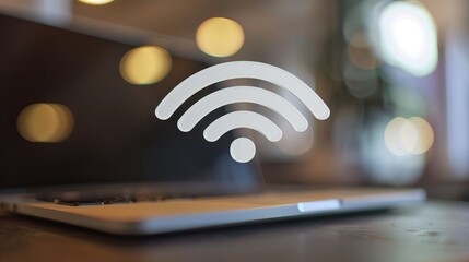Laptop computer with glowing Wi-Fi symbol on screen in a dark room with bokeh lights